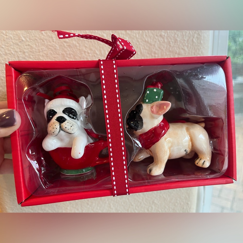 Blue Sky Red and White Christmas Bulldog Ornament Set
